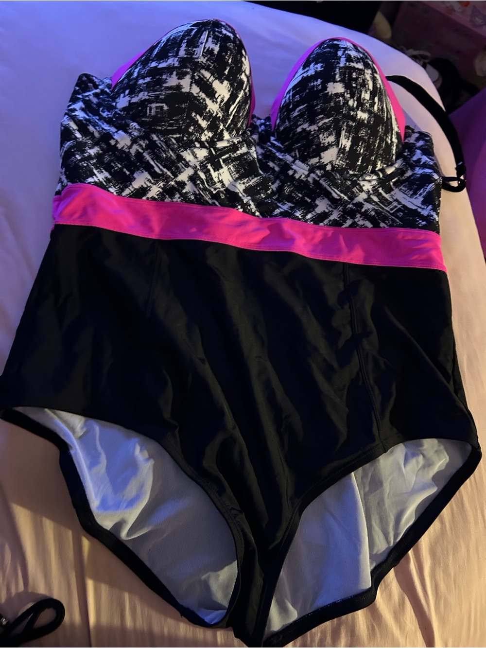 Black & Pink One-Piece Swimsuit with Patterned Bust